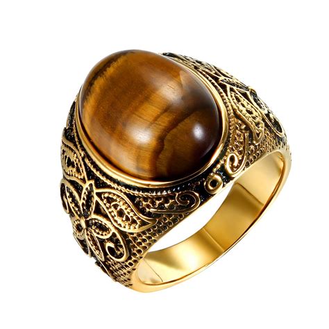 JewelryWe Bijoux Bague Homme Oeil de Tigre Rétro Fleur Sculpté