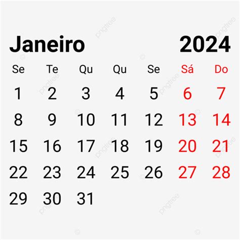 Calendario Portugués Mensual Enero 2024 Vector PNG dibujos Calendario