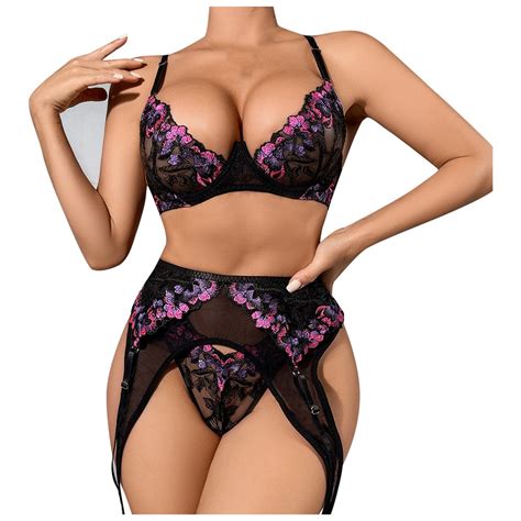 GYUJNB Crotchless Lingerie Outfits Bra Set Embroidered Flower Mesh