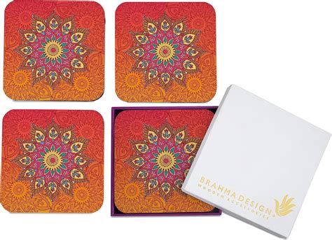 Brahma Design Wooden Coaster Set With Gift Box Multi Mandala Design