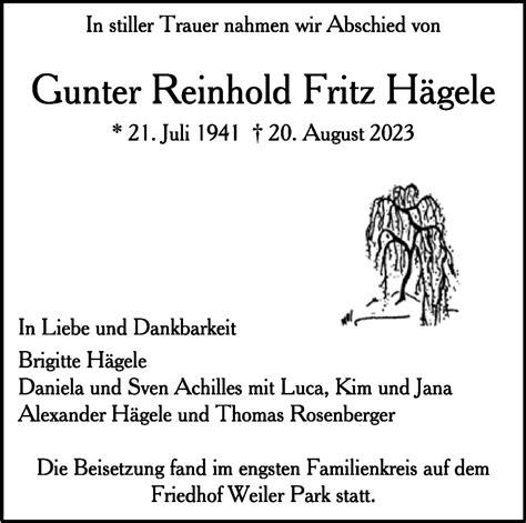 Traueranzeigen von Gunter Reinhold Fritz Hägele stuttgart gedenkt de