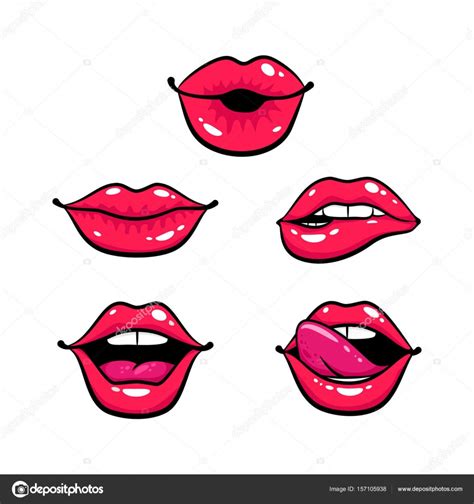 Female Lips Set Mouth With A Kiss Smile Tongue Teeth Vector Comic