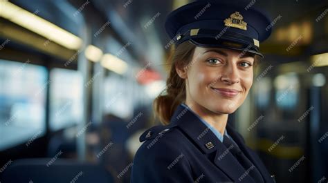 Premium Photo Portrait Of Professional Female Bus Driver In Uniform