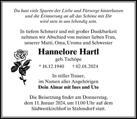 Traueranzeigen Von Hannelore Hartl Trauer Anzeigen De