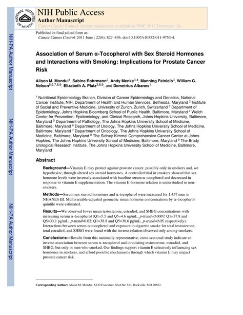 PDF Association of Serum α Tocopherol with Sex Steroid Hormones and