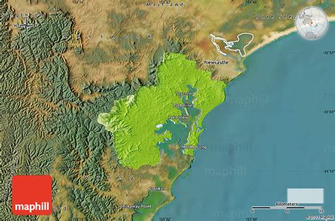 Physical Map of Lake Macquarie, satellite outside