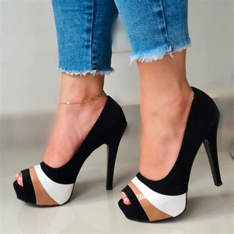 Peep Toe Meia Pata Feminino Preto Branco E Nude Sapatos Femininos