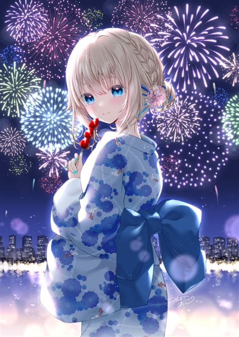 Safebooru 1girl Aerial Fireworks Back Bow Blonde Hair Blue Bow Blue Eyes Blue Hair Blue Nails