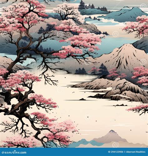 japanese landscape  cherry blossom trees  mountains stock photo