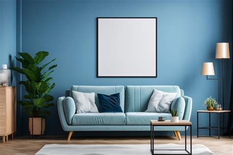 Premium Photo Poster Frame Mockup In Light Blue Minimalist Interior