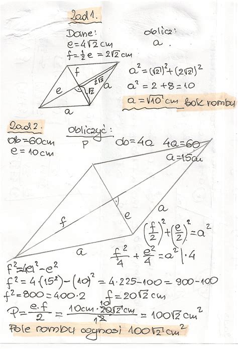 Oblicz Pole Rombu O Obwodzie 60 Cm I Przekątnej 10 Cm Margaret Wiegel