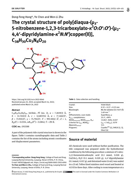 Pdf The Crystal Structure Of Poly[diaqua μ3 5 Nitrobenzene 1 2 3 Tricarboxylato κ 3 O O′ O