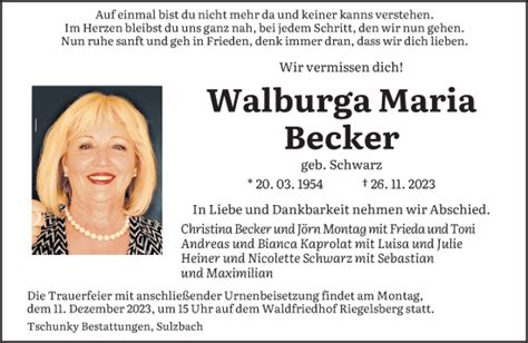 Traueranzeigen Von Walburga Maria Becker Saarbruecker Zeitung Trauer De