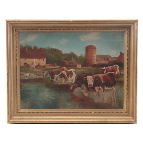 Folk Art Oil Painting of Cows, Mid-20th Century | EBTH