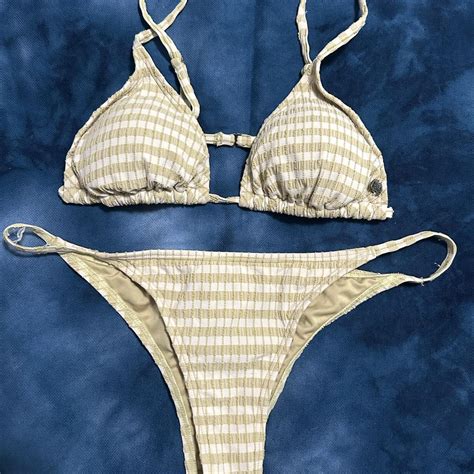 Billabong Bikini Set Light Green And White Striped Depop