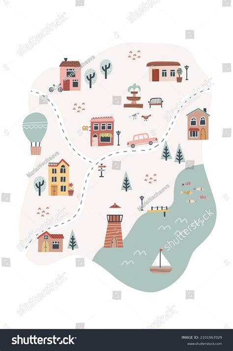 Cute Town Map Hand Drawn Vector Stock Vector (Royalty Free) 2101067029 ...