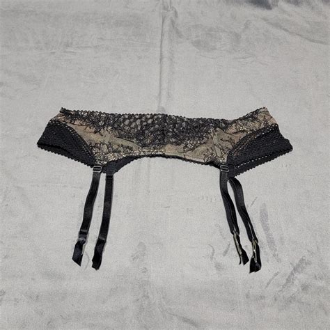 Victorias Secret Black Nude Lace Mesh Garter Belt M Gem