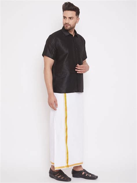 Men S Black And White Silk Blend Shirt And Mundu Vastramay Mens