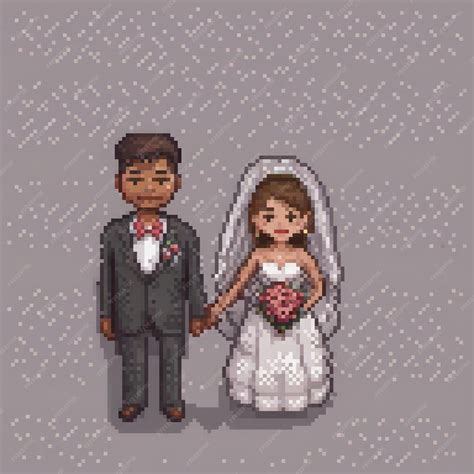 Pixel art depicting a joyful bride and groom embracing | Premium AI