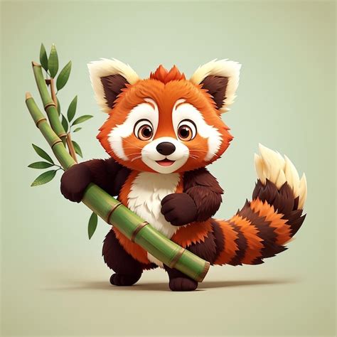 Premium Vector Cute Red Panda Running And Holding Bamboo Cartoon