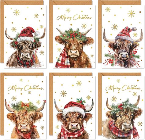 Whaline Packs Merry Christmas Gold Foil Greeting Cards Watercolor