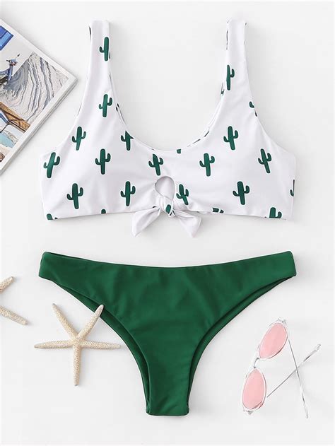 Knot Front Cactus Print Bikini Set SHEIN USA Cactus Print Plant