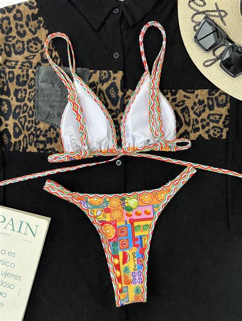 SHEIN Swim Bañador bikini con tanga triángulo con estampado de fruta