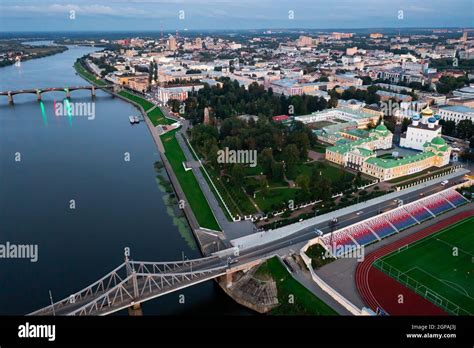 Top view of the bridges over the Volga river in city of Tver. Russia ...