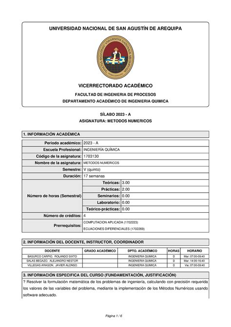 Silabo 1703130 Metodos Numericos 2023 A UNIVERSIDAD NACIONAL DE