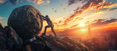 Man Pushing Boulder Up A Mountain At Sunset Premium Ai Generated Image