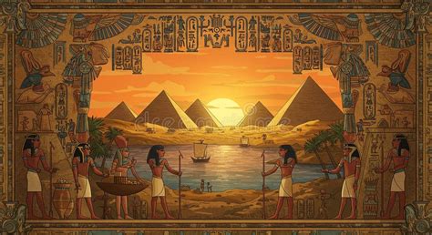 ancient egyptian art depicting  scenic nile river scene  sunset