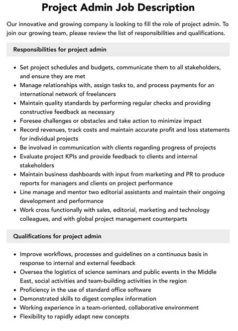 Project Admin Job Description Velvet Jobs