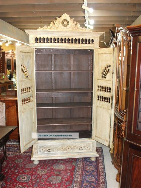 Antique White Carved French Oak Brittany Painted Armoire