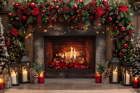 Christmas Fireplace Red Berries Lanterns Backdrop RR7-632 in 2024 ...