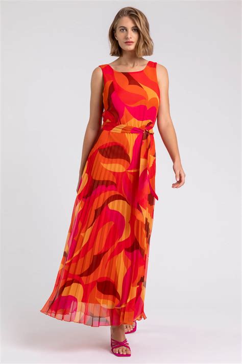 Abstract Print Pleated Maxi Dress In Orange Roman Originals Uk