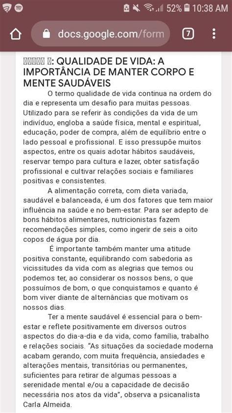 Segundo o texto o que é ter qualidade de vida brainly br