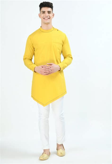 Solid Design Trend Mens Yellow Cotton Kurta Pajama Set At Rs Set In