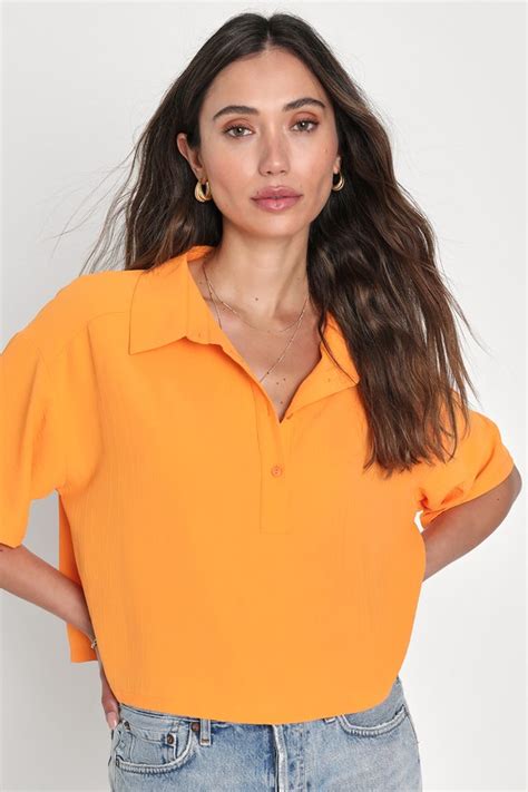 Orange Button Up Top Oversized Crop Top Orange Collared Top Lulus