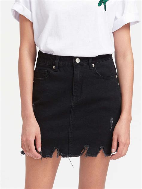 Vented Side Raw Hem Denim Skirt Shein Sheinside