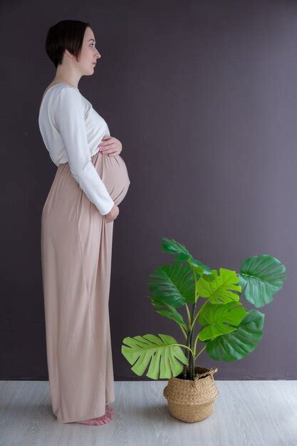 Premium Photo Portrait Of Elegant Young Pregnant Woman In Beige Dress