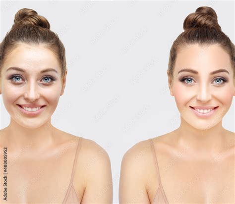 The Secret of Makeup. Before- After,Portrait of beautiful girl with ...