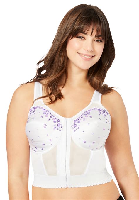 Woman Within Womens Plus Size Embroidered Front Close Longline Posture Bra