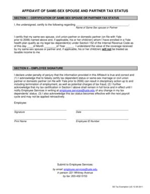 Fillable Online Yale Affidavit Of Same Sex Spouse And Partner Tax