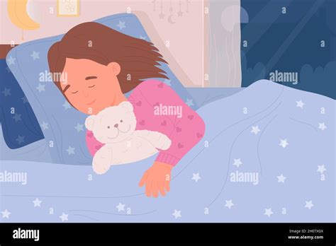 Girl child sleeping in bed with teddy bear vector illustration. Cartoon ...