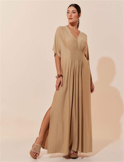 Vestido Midi Longo Amplo Kafta Manga Curta Feminino Bege Nude