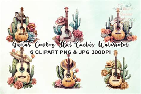 Guitar Cowboy Hat Cactus Watercolor Graphic By Venime Creative Fabrica