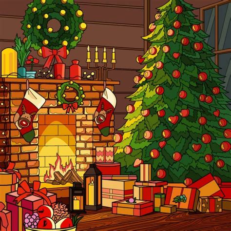 An Animated Christmas Scene With Presents And A Fireplace