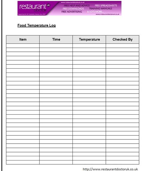 Food Temperature Log Chart Printable