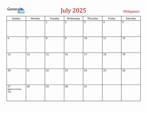 July 2025 Monthly Calendar with Philippines Holidays