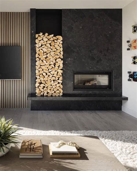 Black Fireplace Wall With Stacked Wood Soul Lane